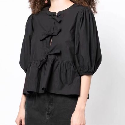 Women's Sweet Round Neck Lace-up Bow Tie Puff Sleeve Solid Color Shirt - Image 9