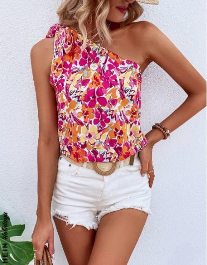 Holidaya Allover Floral Print Knot One Shoulder Blouse - Image 3