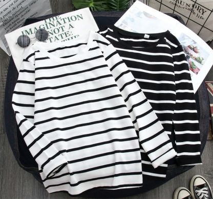 Black Striped Western Style Shirt Women's Long-sleeved T-shirt - Image 8