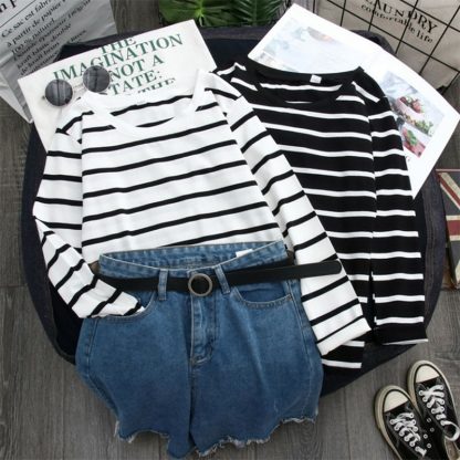 Black Striped Western Style Shirt Women's Long-sleeved T-shirt - Image 9