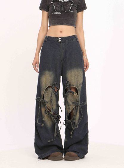 Ripped Love Lace-up Jeans Women's High Waist Straight Wide Leg Pants - Image 2