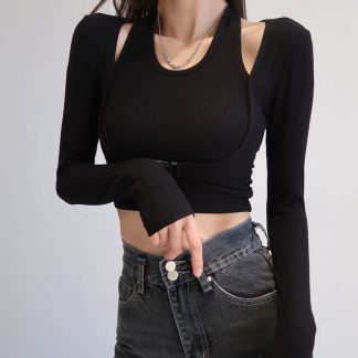 Halterneck Long-sleeved T-shirt Women's Solid Color Short Slim Fit