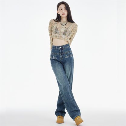 Women's Straight Jeans Dark Blue Embroidered Letters - Image 4
