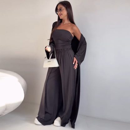 Casual Mid-calf Top Vest Long Cardigan Wide-leg Pants Three-piece Set - Image 2