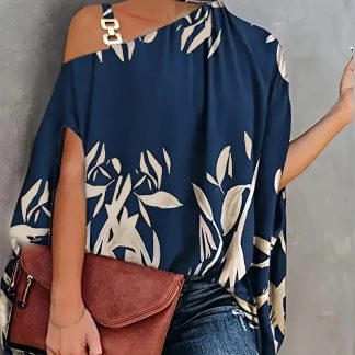 Leaves Print One Shoulder Blouse, Elegant Chain Strap Mock Neck Short Sleeve Blouse For Spring & Summer, Women's Clothing