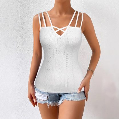 Summer Sleeveless Women's Solid Color Jacquard Camisole Pullover With Hollowed Out Top - Image 3