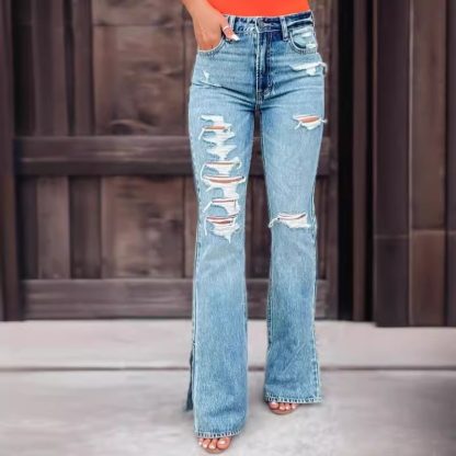 Ladies Jeans High Waist Ripped Slightly Stretch Split Trousers - Image 3
