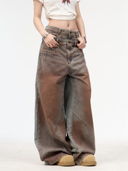 Women's American Retro Washed Double Waisted Jeans - Image 4