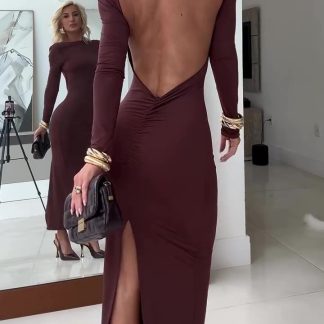 Brown Backless Long Sleeve Maxi Dress