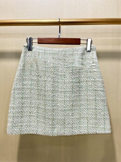 Light Green Flip Pocket Cotton Tweed A-line Skirt - Image 4