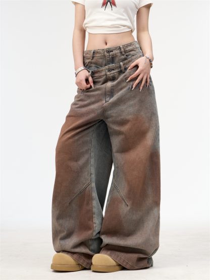 Women's American Retro Washed Double Waisted Jeans - Image 2