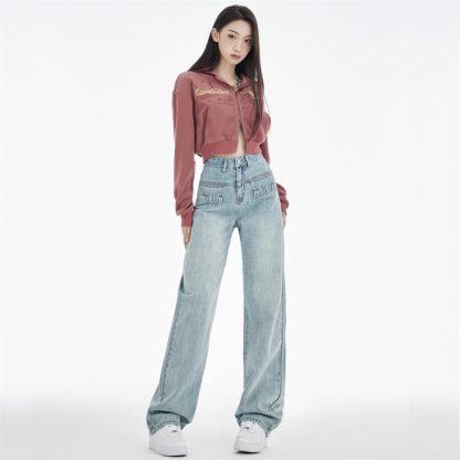 Women's Straight Jeans Dark Blue Embroidered Letters - Image 9
