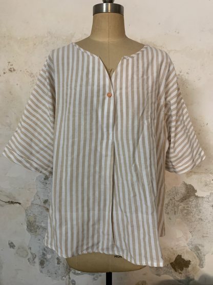 V-neck Striped Loose Short-sleeved Cotton And Linen Shirt - Image 4
