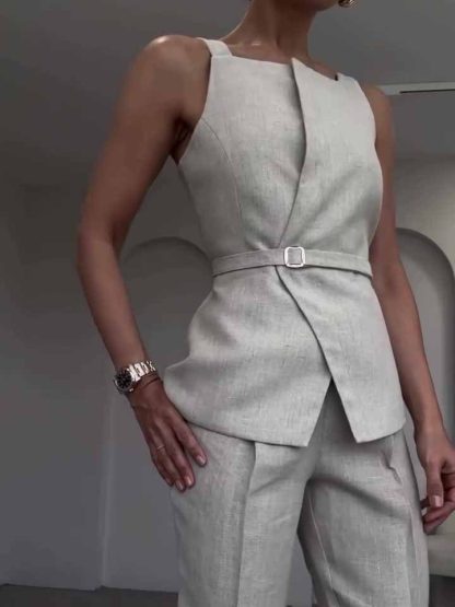 Linen Sleeveless  Top & Cropped Pants Set - Image 3
