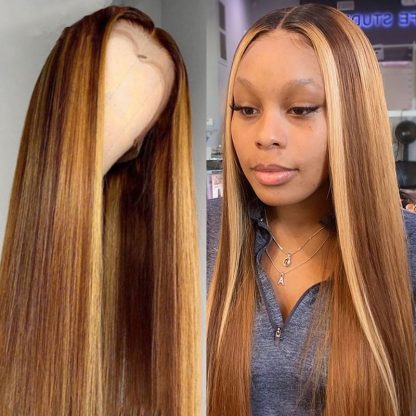 Mid-length straight hair brown pick golden long hair synthetic headgear - Image 4