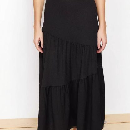 High Waist Elastic Skirt Irregular Pleated A- Line Big Hem Dress - Image 2