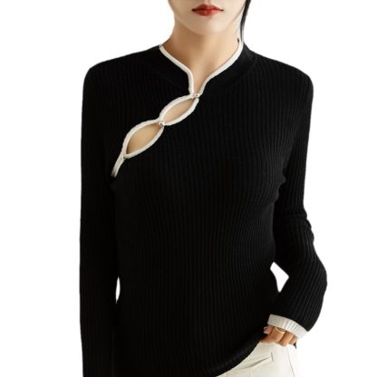 Wool Hollow-out Plate Buckle Stand Collar Design Sweater Thin - Image 5