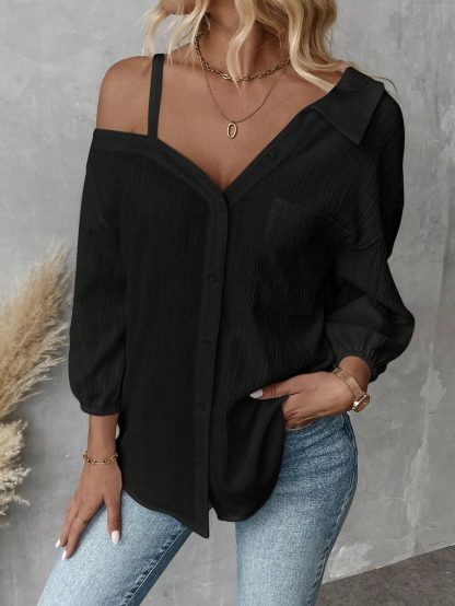 Fall Solid Color White Asymmetric Collar Dropped Shoulder Loose Casual Blouse Spring And Summer New Fashion Street Style Casual Asymmetrical Shoulder Shirt - Image 3