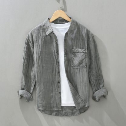 Pleated Lapel Long Linen Sleeves Retro Solid Color Casual Loose Youth Cotton Linen Shirt - Image 8