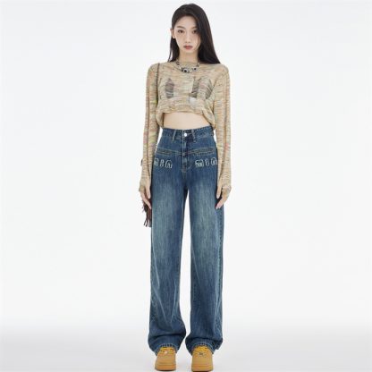 Women's Straight Jeans Dark Blue Embroidered Letters - Image 7