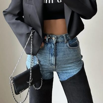 Spring Leisure Color Contrast Patchwork Straight Women's Worn Jeans - Image 4