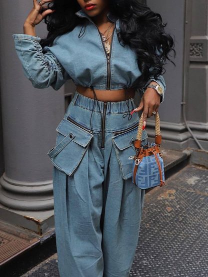 Retro Zipper Jacket & Wide-leg Jeans Two-piece Set - Image 5