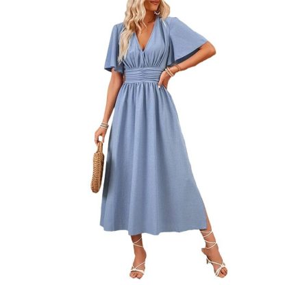 Women's Ruffle Sleeve Split Elastic Waist Polyester Dress - Image 4