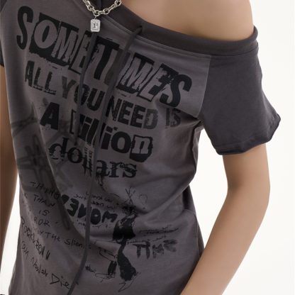Female American Retro Spicy Girl Letter Slanted Shoulder Short Sleeved Shirt - Image 3