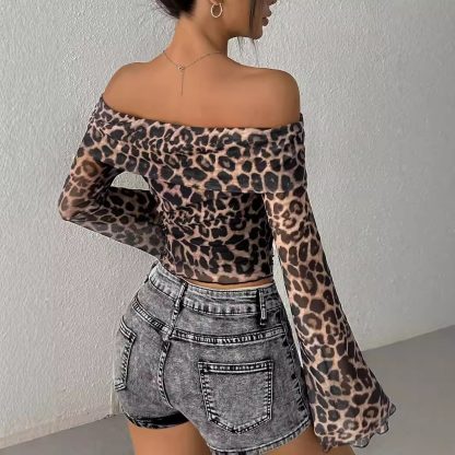 Off-shoulder Long Sleeve Leopard Print Top - Image 4
