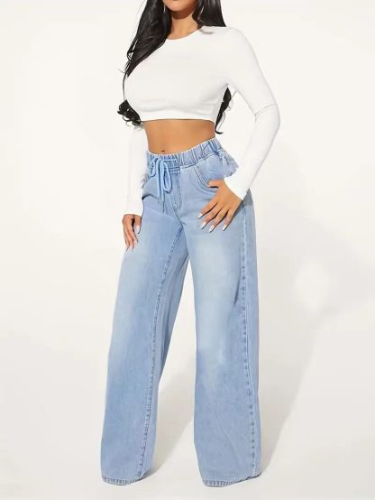 High Waist Drawstring Loose Wide Leg Light Blue Jeans - Image 6