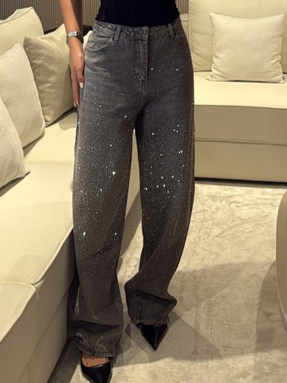 High - Waisted Wide - Leg Jeans With Sparkling Rhinestone Detailing - Image 3
