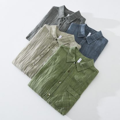 Pleated Lapel Long Linen Sleeves Retro Solid Color Casual Loose Youth Cotton Linen Shirt - Image 3