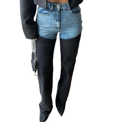 Spring Leisure Color Contrast Patchwork Straight Women's Worn Jeans - Image 5