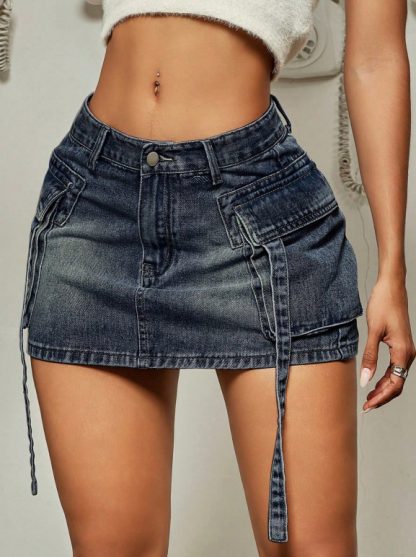 Cargo Pocket Long Tether Short Skirt Tooling Denim Skirt - Image 6