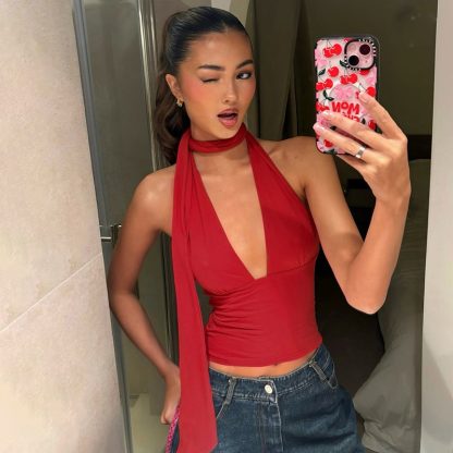 Women's Scarf Lace-up Low-cut Back Cutout Sling Top - Image 8
