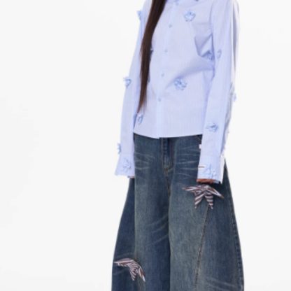 Washing Curved Knife Straight Leg Wide Leg Workwear Jeans For Women - Image 5
