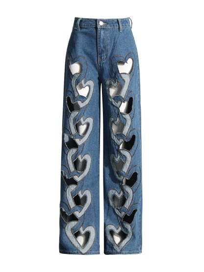 High Waist Hollowed Heart Shape Wide Leg Jeans - Image 6