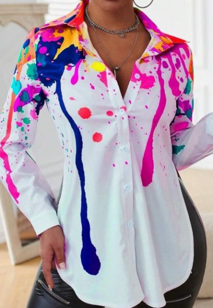 Spring And Autumn Leisure Ink-Splash Printed Side Slit Long Sleeve Shirt - Image 2