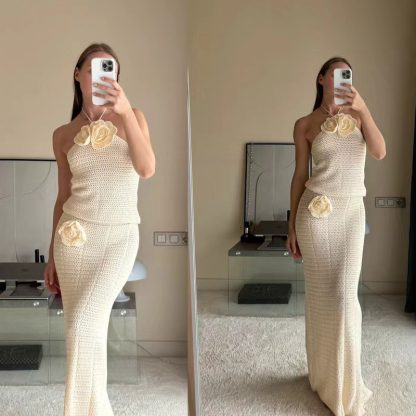 Women's Solid Color Knitted Crocheted Beach Bikini Swimsuit Blouse Sun-proof Set - Image 2