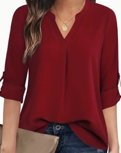 Chic Solid V-Neck Blouse - Fashionable Simplicity For Women - Relaxed Casual Long Sleeve Style - Image 3