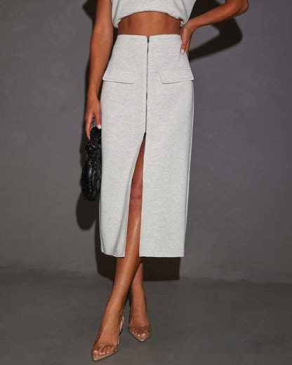 European And American Style Solid Color Stitching Zipper Split High Waist Slim Fit Casual Skirt - Image 4