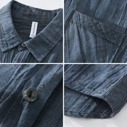 Pleated Lapel Long Linen Sleeves Retro Solid Color Casual Loose Youth Cotton Linen Shirt - Image 4