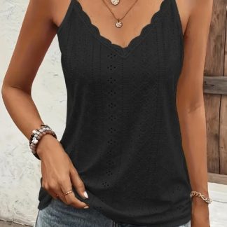 Solid Color V Neck Eyelet Cami Top, Elegant Scallop Trim Sleeveless Top For Spring & Summer, Women's Clothing