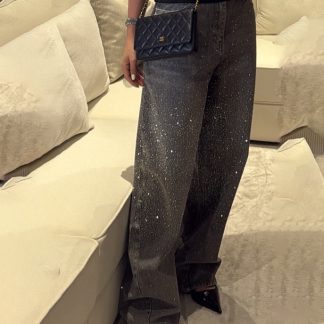 High - Waisted Wide - Leg Jeans With Sparkling Rhinestone Detailing
