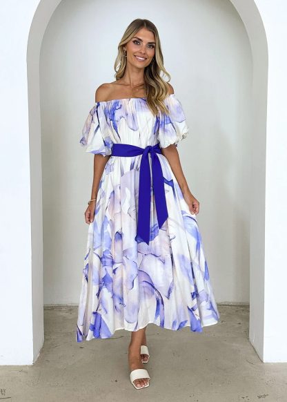 European American Summer New Temperament Shoulder Waist Puff Sleeve Printed Large Swing Dress - Image 7
