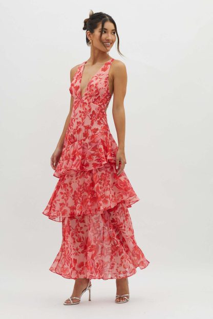Women's Spaghetti-strap Floral Print Backless Multi-layer V-neck Dress - Image 6