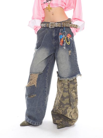 Stitched Camouflage Jeans Fake Two-piece Chain Printed Wide-leg Pants - Image 6