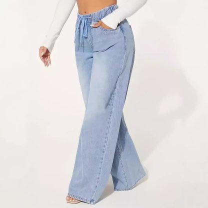 High Waist Drawstring Loose Wide Leg Light Blue Jeans - Image 4