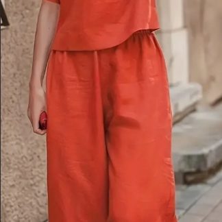 Chic Solid Two-piece Set - Comfortable Crew Neck T-Shirt & Flattering Wide Leg Pants - Effortless Casual Womens Clothing