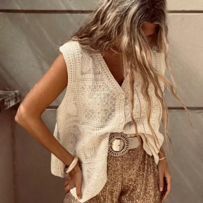 V-neck Vest Lace Embroidered Buckle Cardigan Vest Vacation Top - Image 3